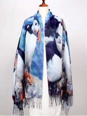 Puffin Print Scarf with Tassels